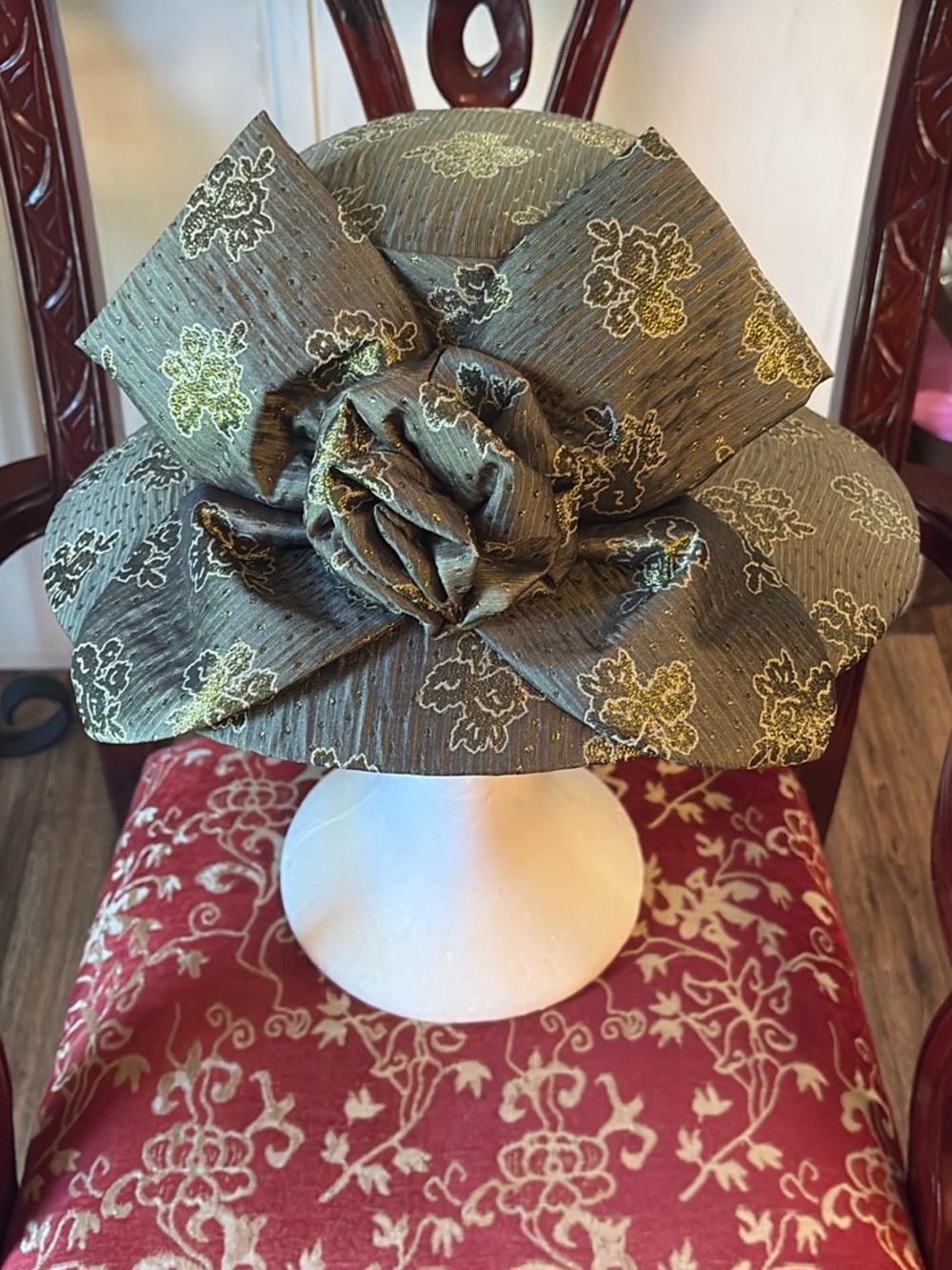 Elegant Green Floral Statement Hat with Rose Detail